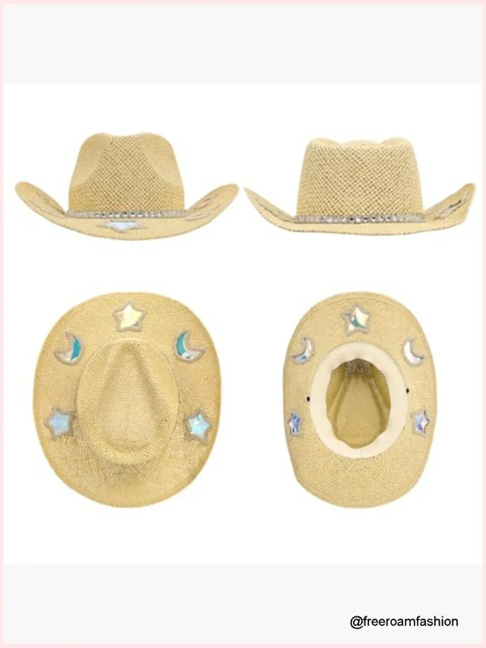 Straw Western Cowgirl Hat with Reflective Patches, Adjustable